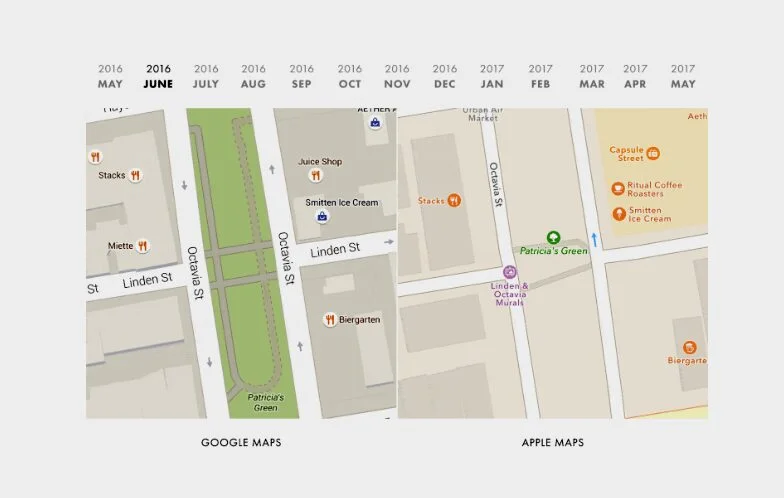 Um comparativo de 1 ano entre os mapas do Google e da Apple