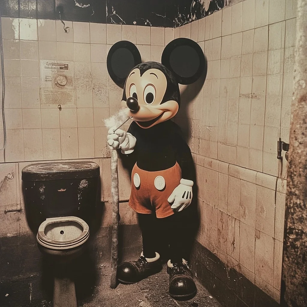 Mickey Mouse fumando em um banheiro sujo.