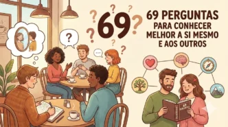 Grupo discutindo perguntas de autoconhecimento em café.
