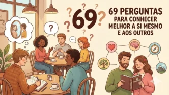 Grupo discutindo perguntas de autoconhecimento em café.
