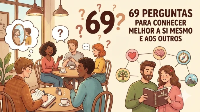 Grupo discutindo perguntas de autoconhecimento em café.