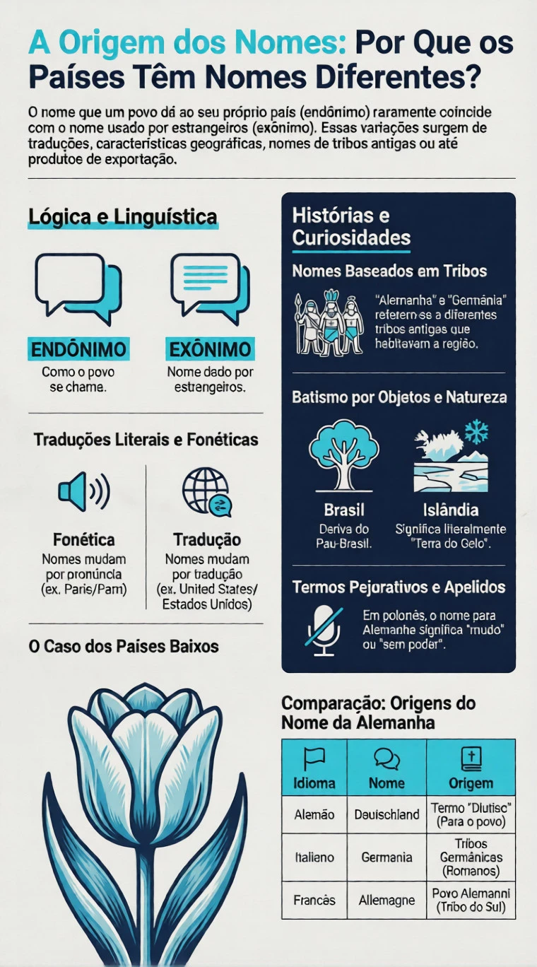Infográfico sobre nomes de países: origens e variações linguísticas.