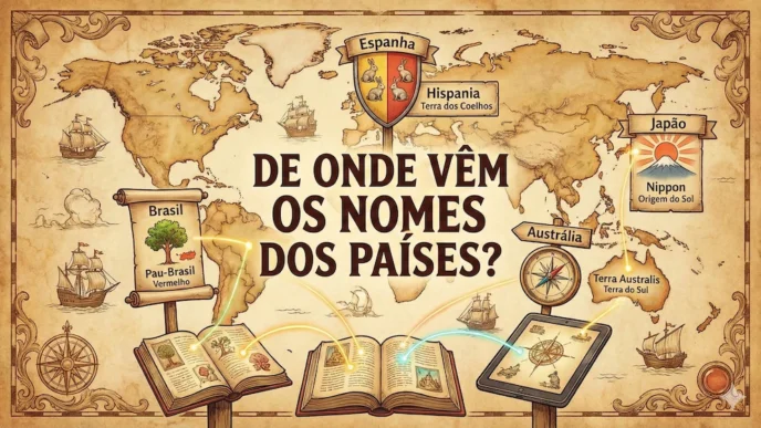Mapa histórico discutindo origens dos nomes de países.