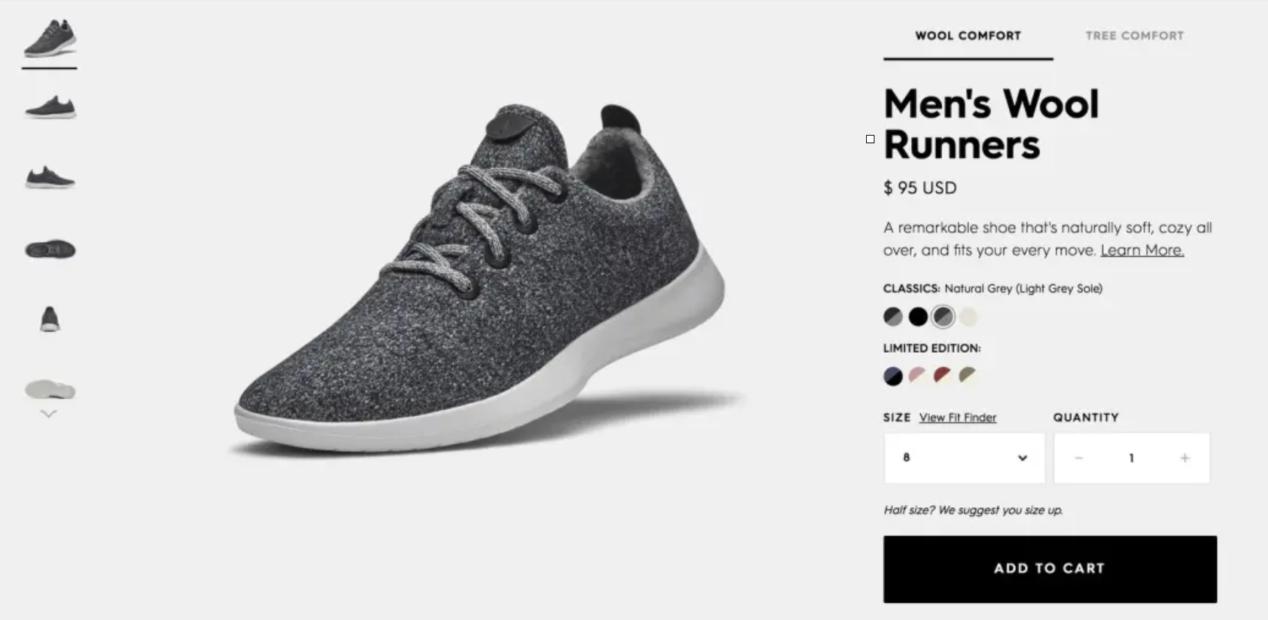 Tênis masculino de lã cinza escuro.