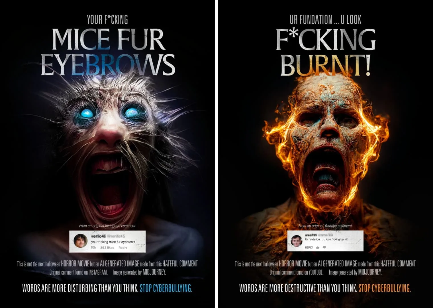 Comentários perversos em mídias sociais viram pôsteres de filmes de terror usando IA