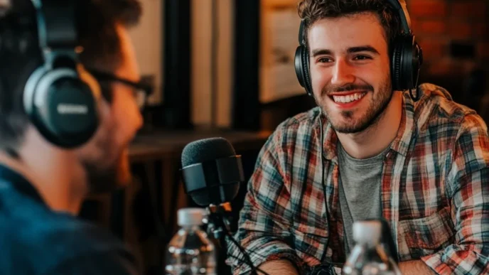 Dois homens gravando podcast em estúdio descontraído.