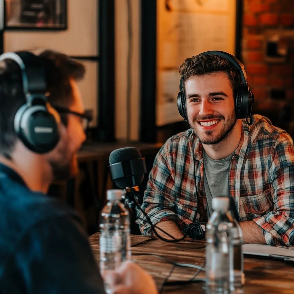 Dois homens gravando podcast em estúdio descontraído.