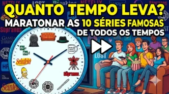 Relógio e amigos assistindo séries famosas na TV.