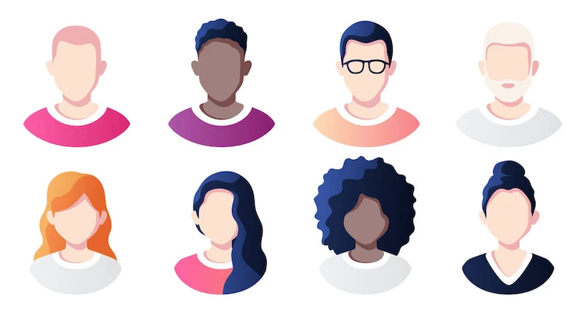 Ilustrações de rostos variados, diversidade.