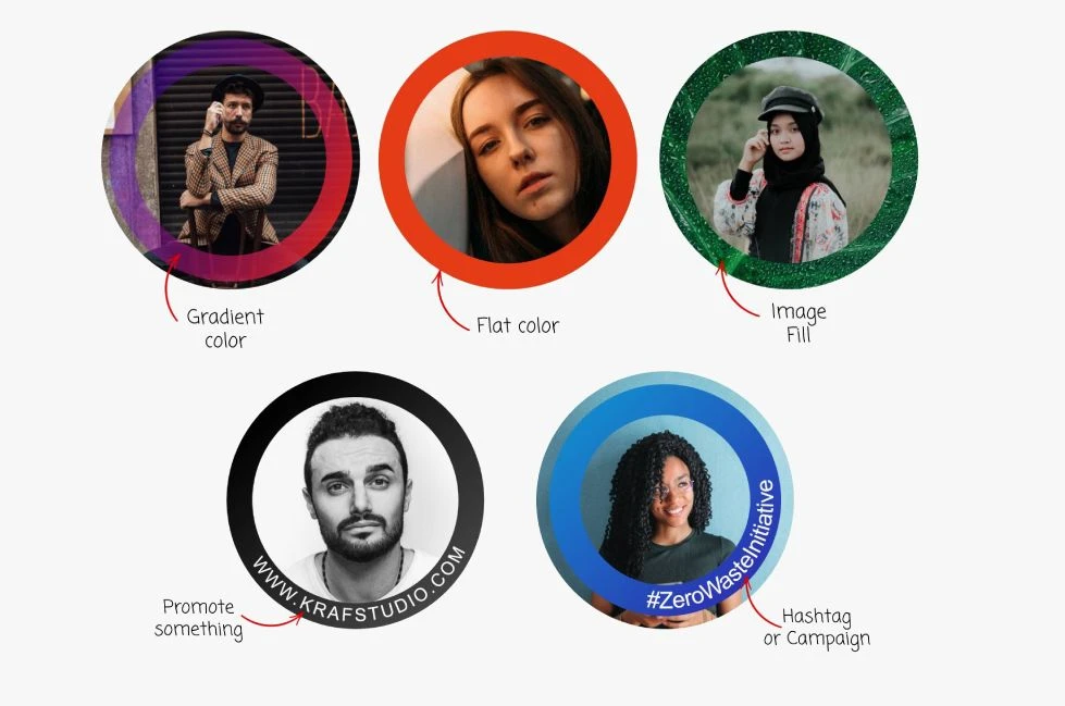 Exemplos de fotos com bordas coloridas ou temáticas.