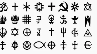 Ícones religiosos e filosóficos variados em preto e branco.