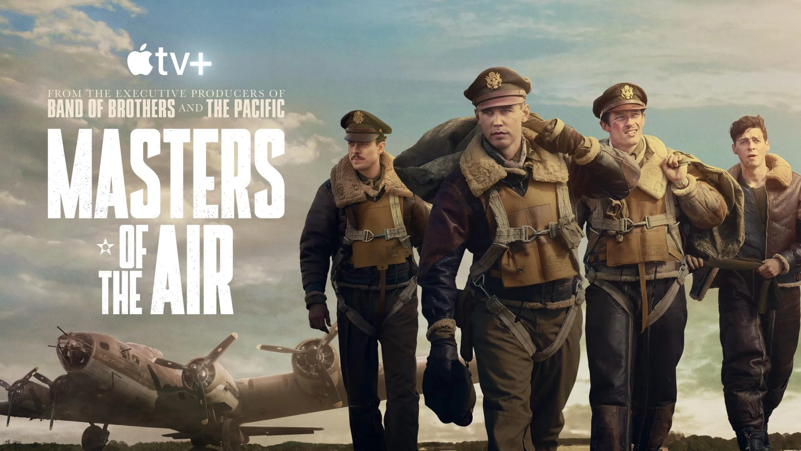 Promotional poster for Masters of the Air featuring four WW2 airmen in front of a bomber plane, with Apple TV+ logo.