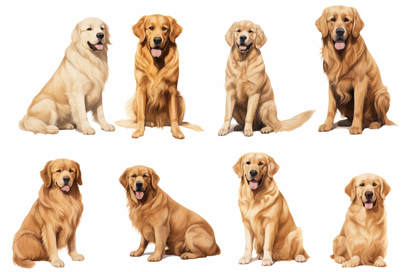 Variety of golden retriever dogs sitting in different poses on white background.