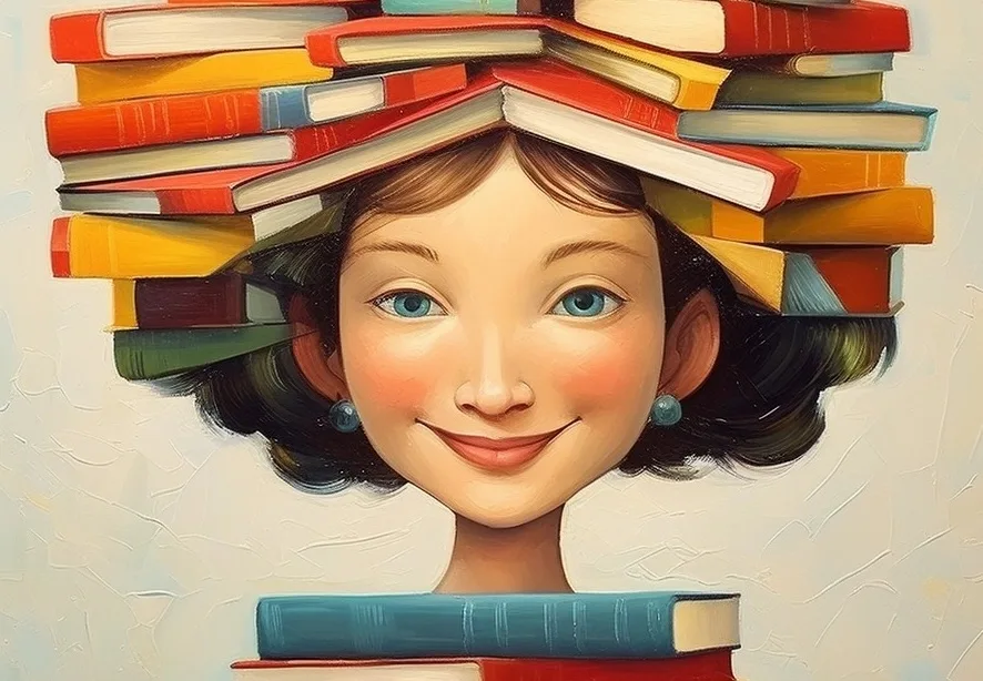 Illustration of a smiling young woman with a stack of colorful books on her head.