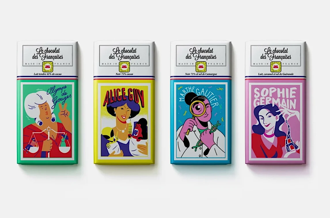 Collection of four colorful Le Chocolat des Français chocolate bars with illustrated female French icons on the wrappers.