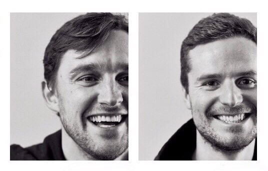 Side-by-side portraits of a smiling man in monochrome.