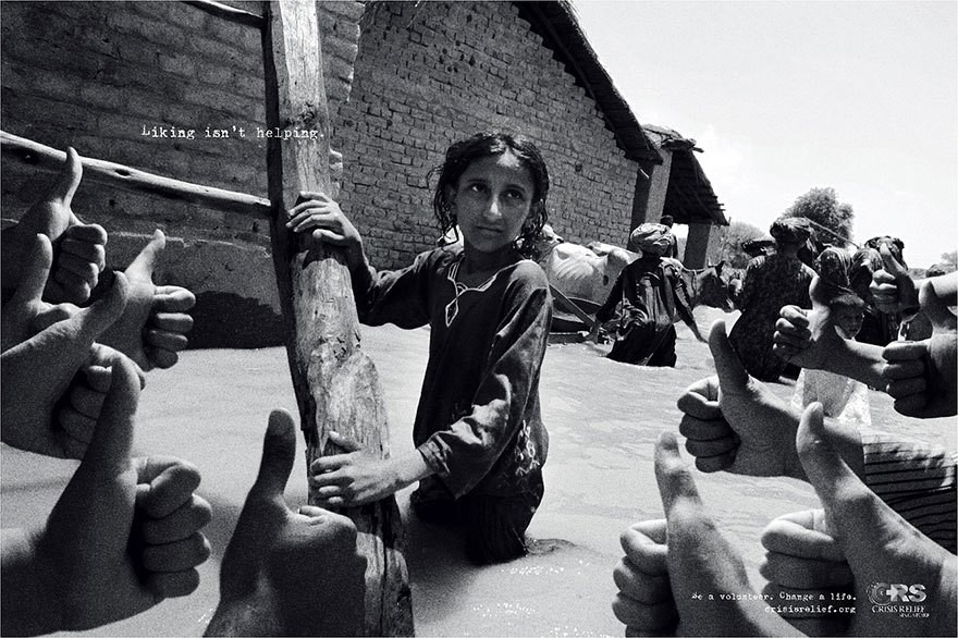 Black and white image of a young girl surrounded by thumbs up with the message "liking isn't helping" from a social cause campaign. publicidade criativa creative advertising