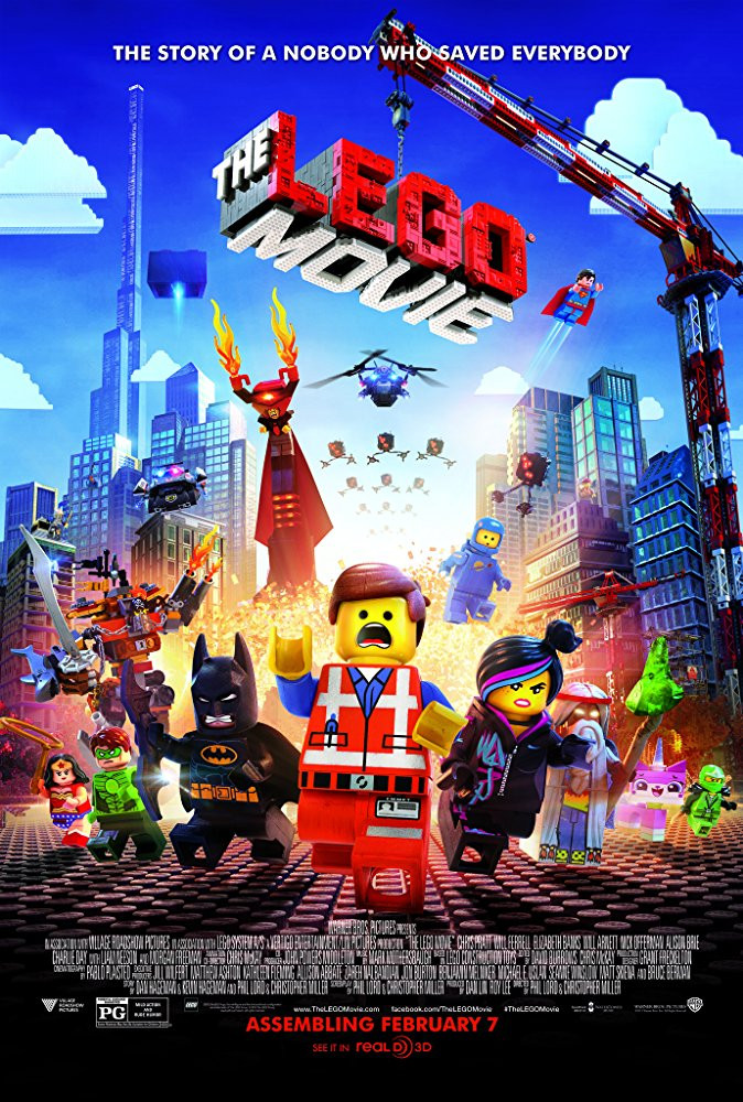 The LEGO Movie poster featuring animated characters and cityscape with release date information. publicidade criativa creative advertising