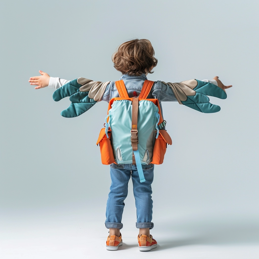 Child with backpack imitating airplane on plain background.