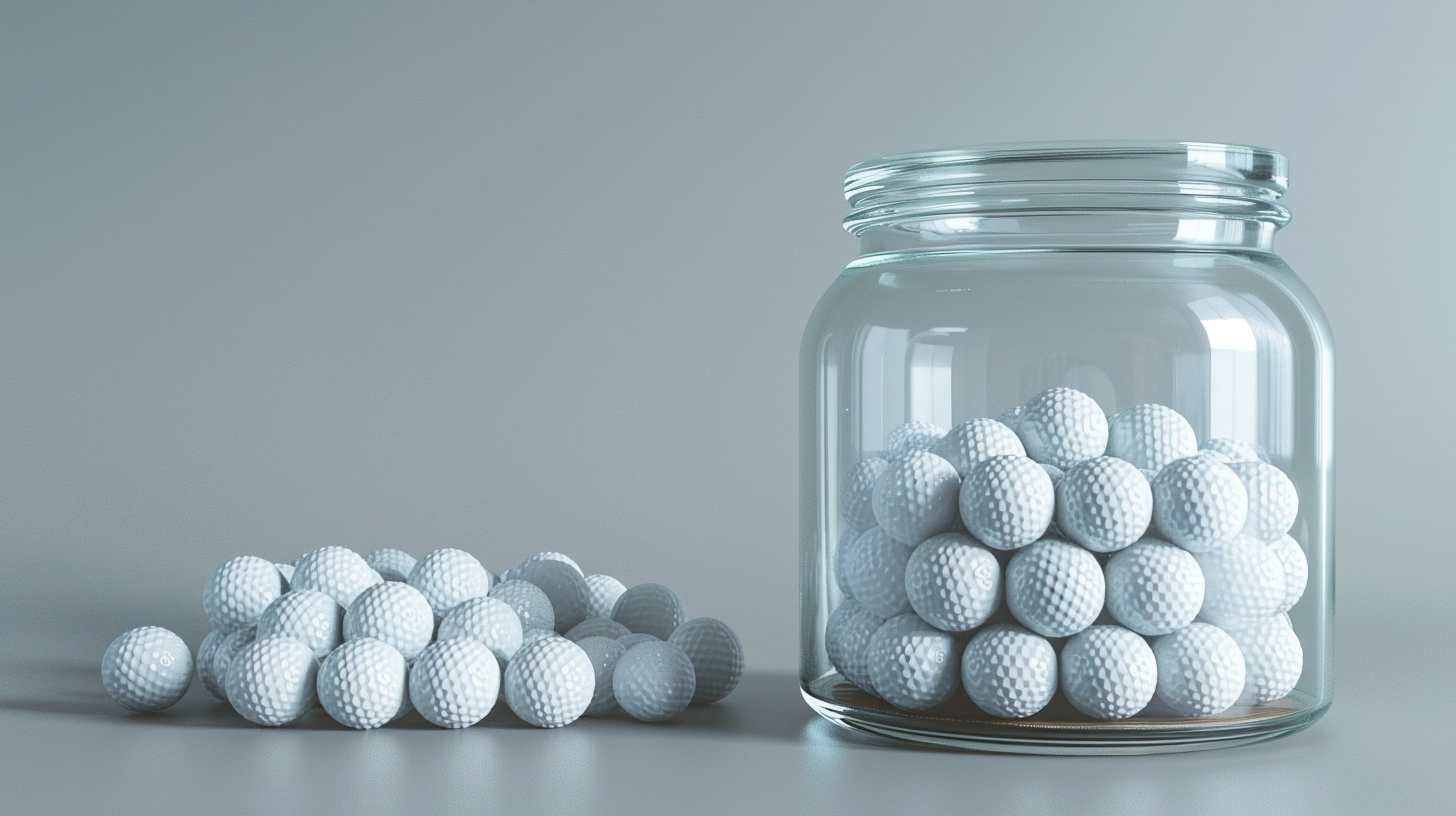 Clear glass jar full of golf balls with additional golf balls lying beside it on a neutral background