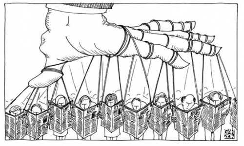 Cartoon depicting a large hand controlling people reading newspapers like puppets, illustrating media manipulation and control.
