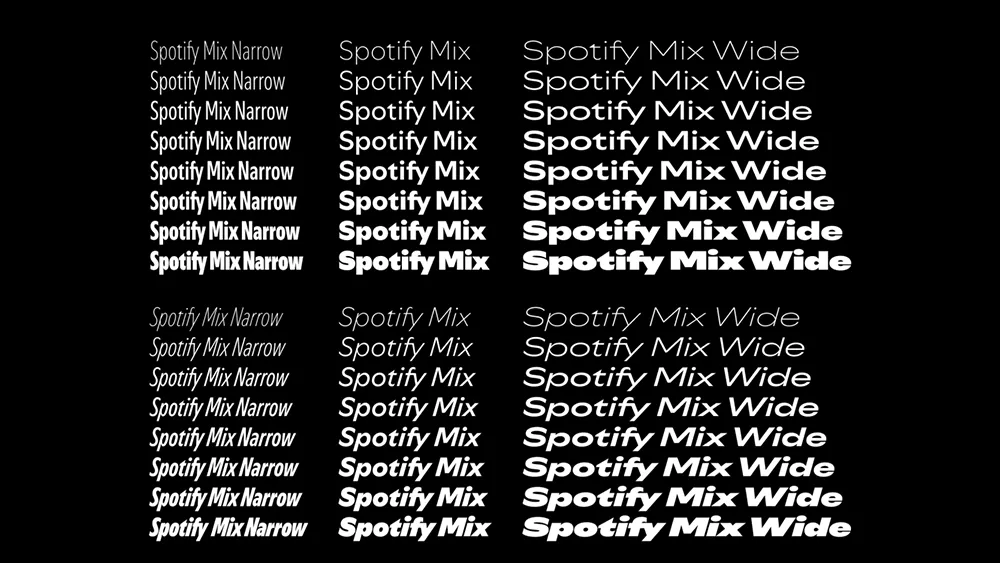 Font styles comparison for Spotify Mix Narrow and Spotify Mix Wide on black background.