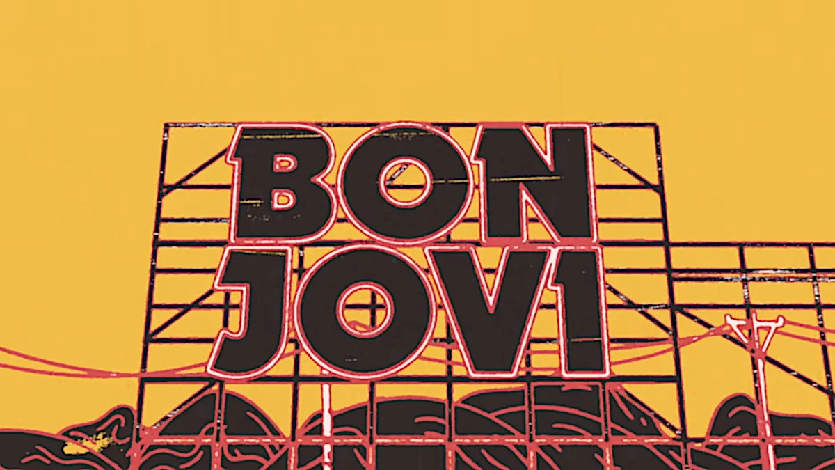 Bon Jovi neon sign with yellow background.