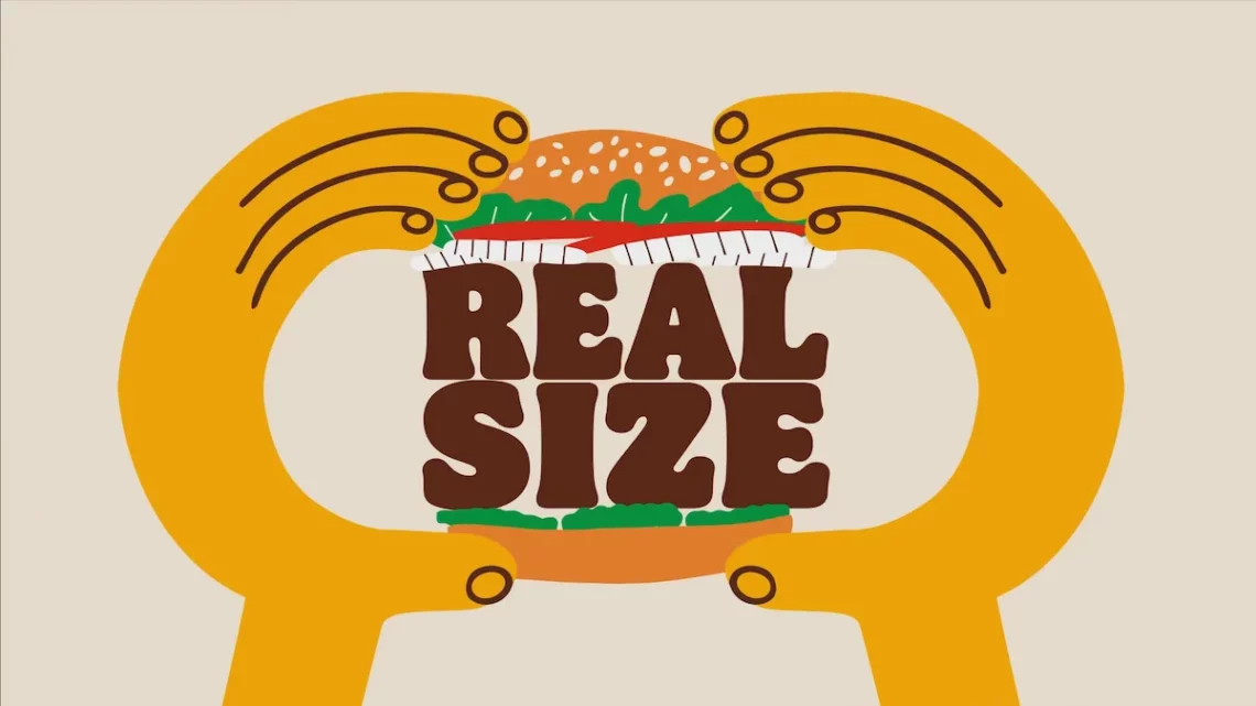 Illustration of hands holding a large burger with the text "Real Size" on it.