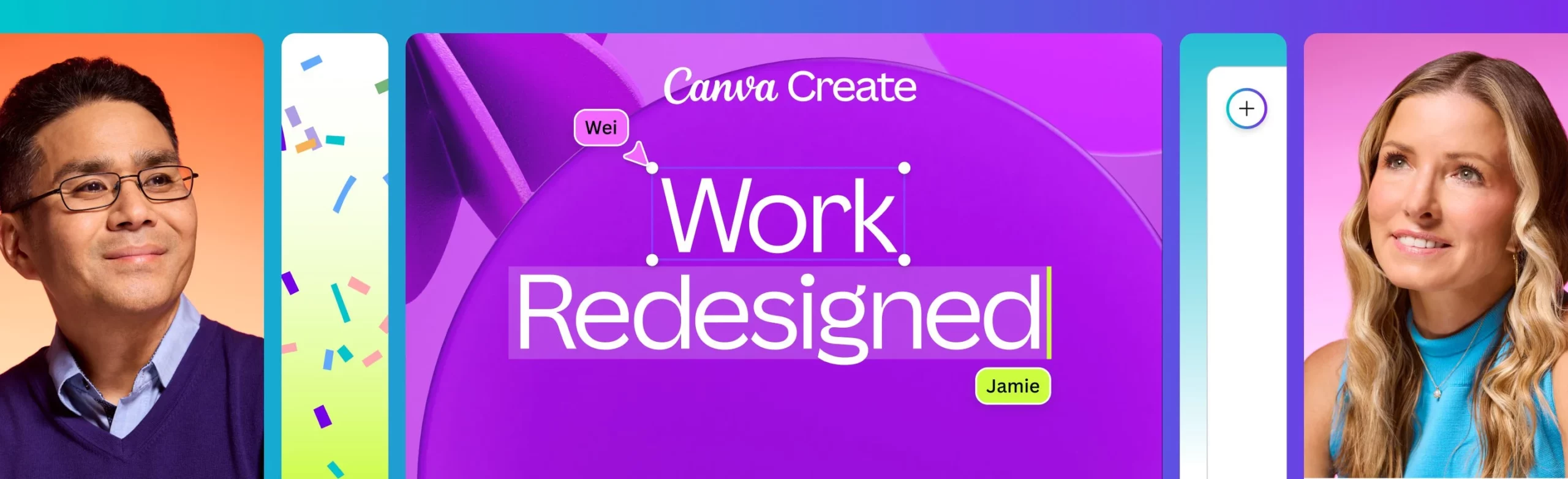Canva Create 2024 event banner featuring the theme "Work Redesigned" with images of two individuals on colorful backgrounds.