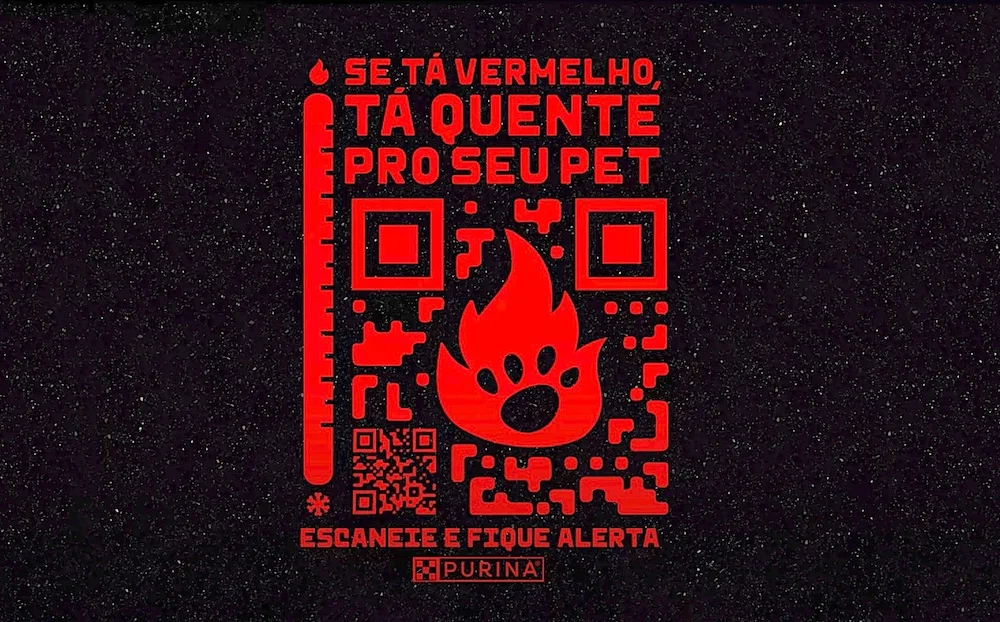 "Salve as Patinhas": Purina alerta para os riscos de queimaduras em passeios Red QR code with a flame and paw print, warning about high temperatures for pets, text in Portuguese, Purina logo at the bottom.