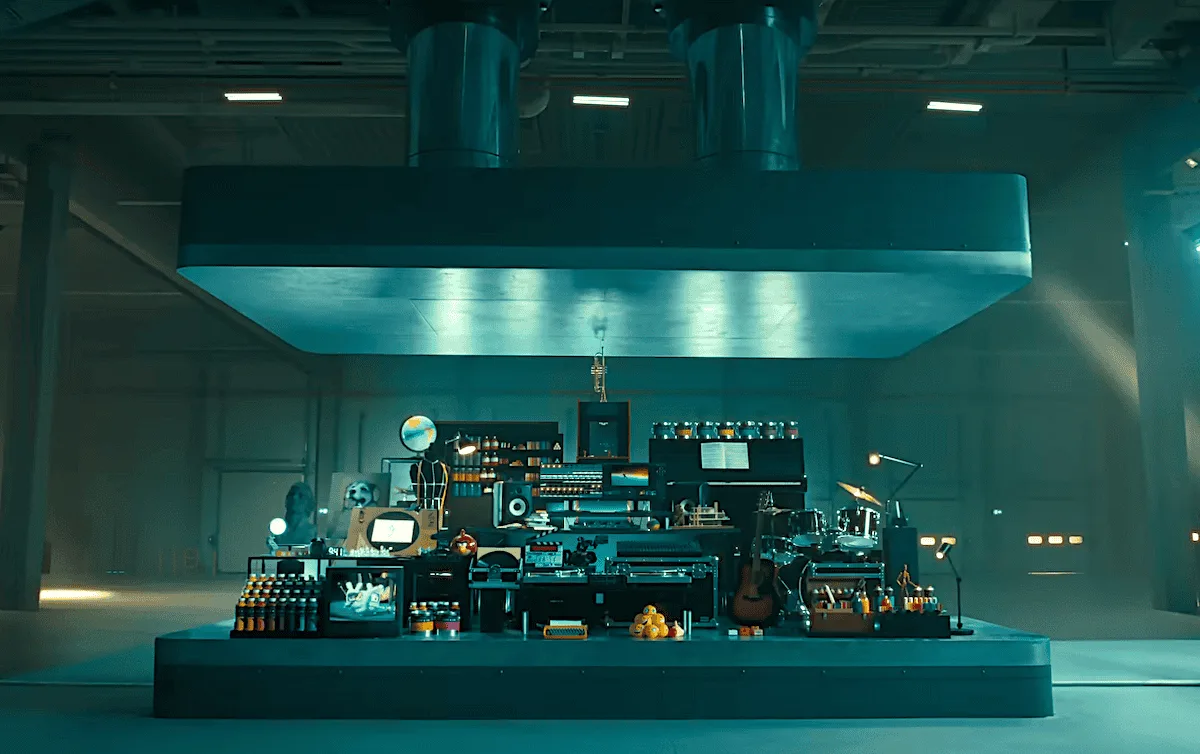 Crush! Apple. Futuristic laboratory setup with high-tech equipment and experimental apparatus in an industrial space