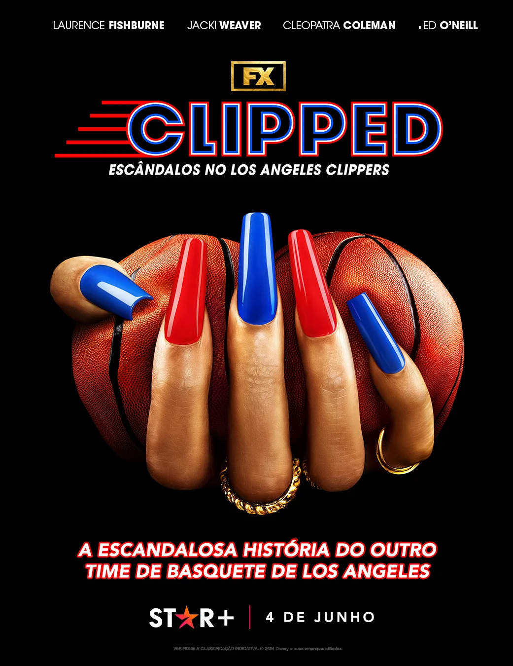 Promotional poster for the FX series "Clipped" featuring a hand with red and blue nails gripping a basketball.