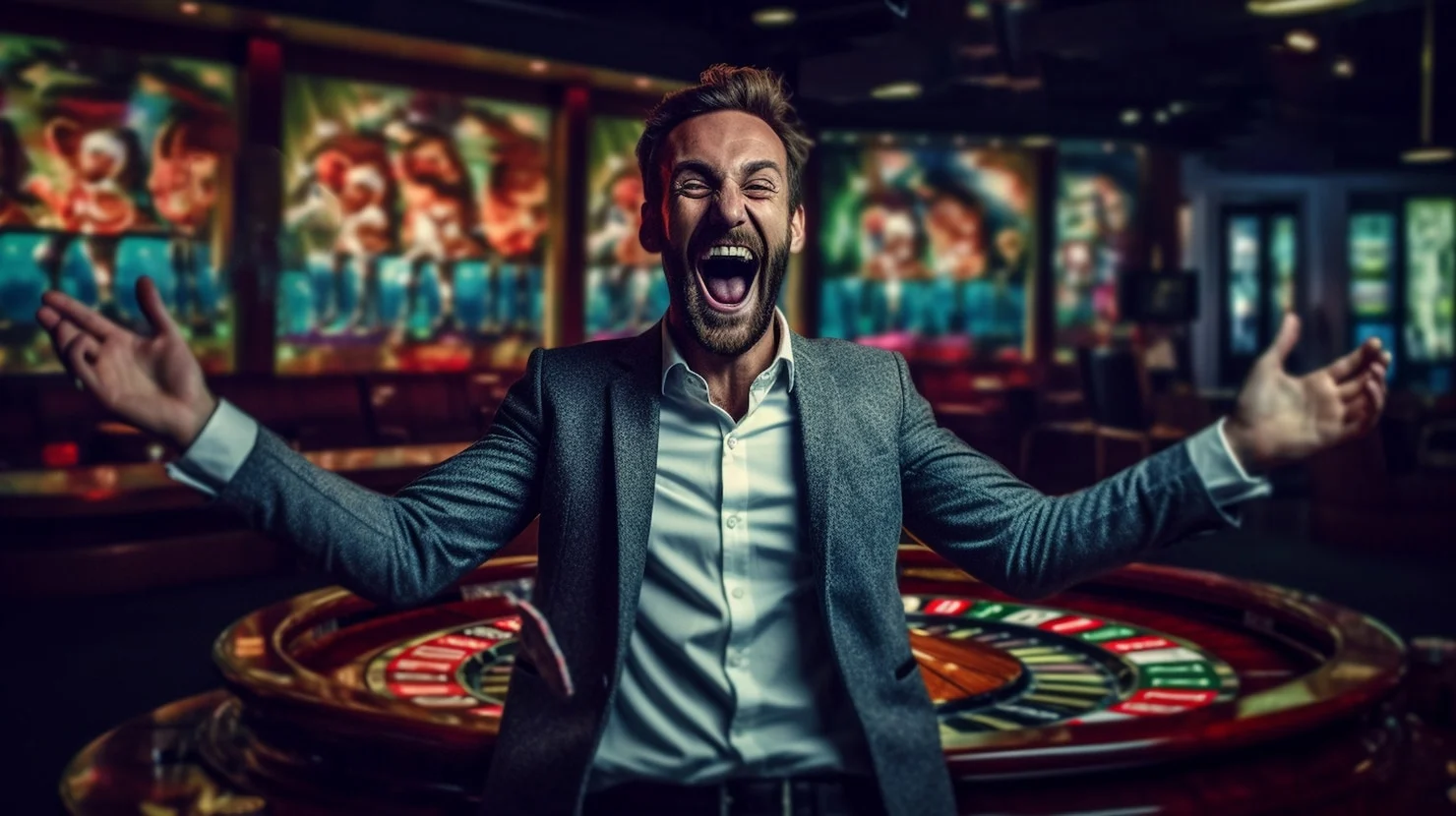 Man celebrating a win in a casino with roulette table in the background.