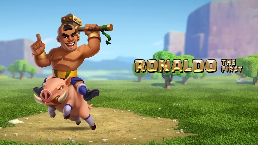 Animated character Ronaldo the First riding a pig in a vibrant outdoor setting with mountains and trees in the background.