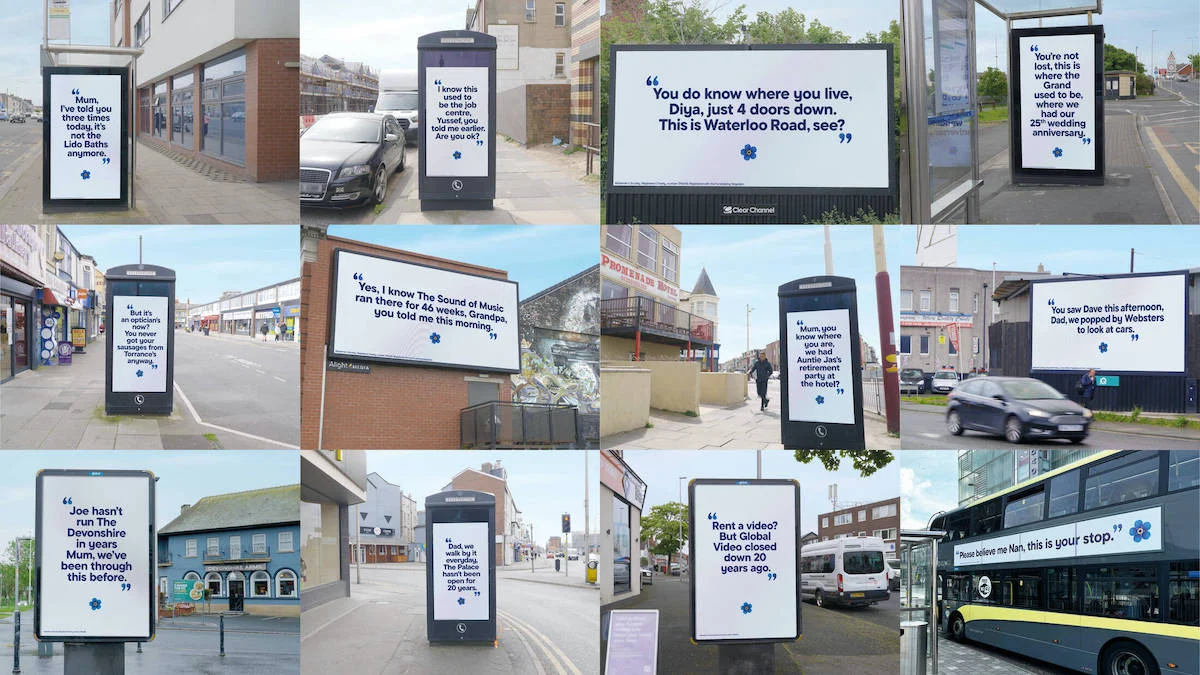 Collection of outdoor advertisements featuring quotes about memory loss and dementia on bus stops and billboards in urban settings.