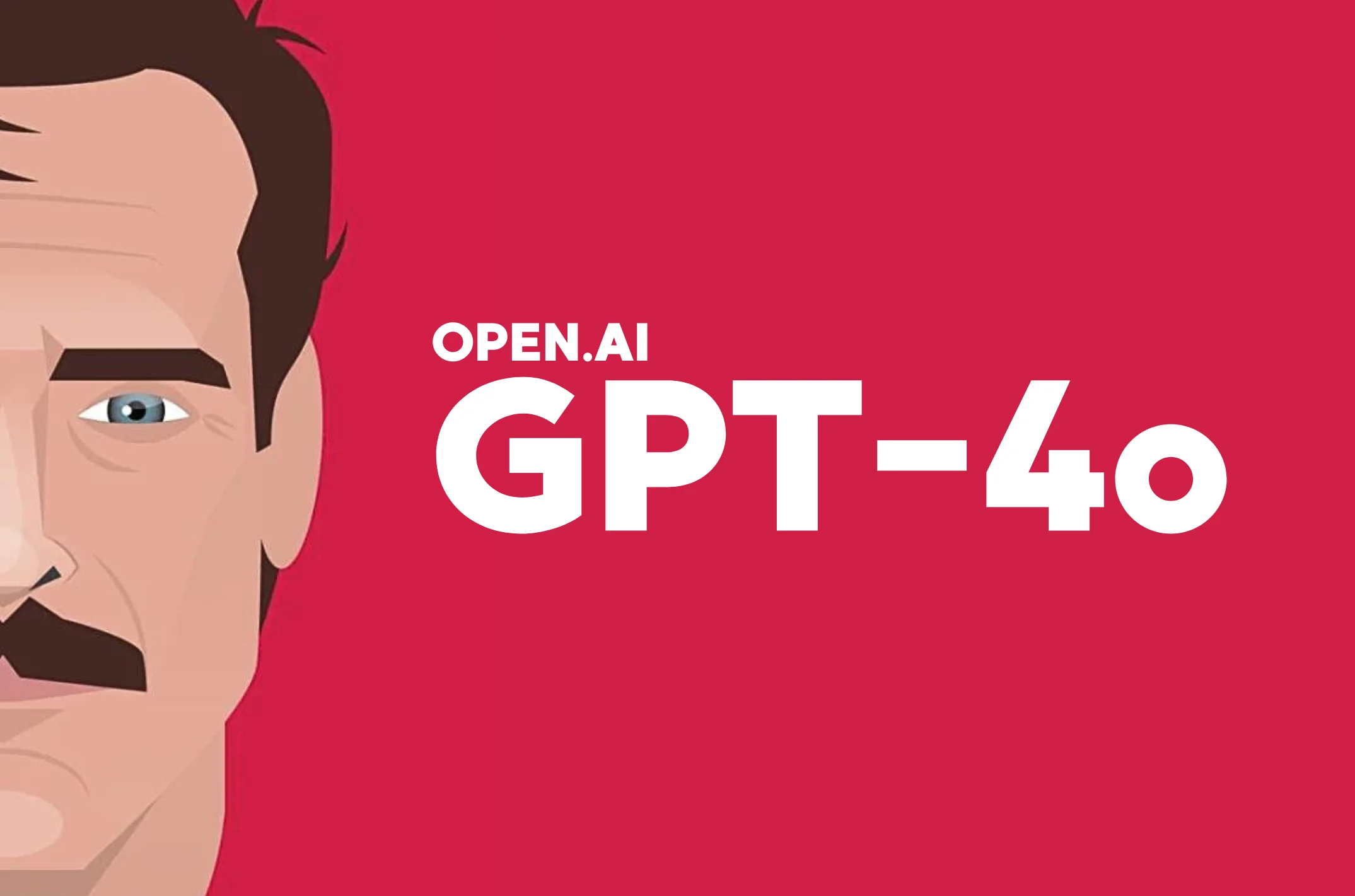 Illustration of a man with the OpenAI GPT-4 logo on a red background.