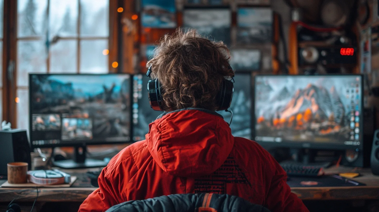 Person wearing headphones and red jacket sitting at desk with multiple computer monitors in cozy, dimly-lit room.