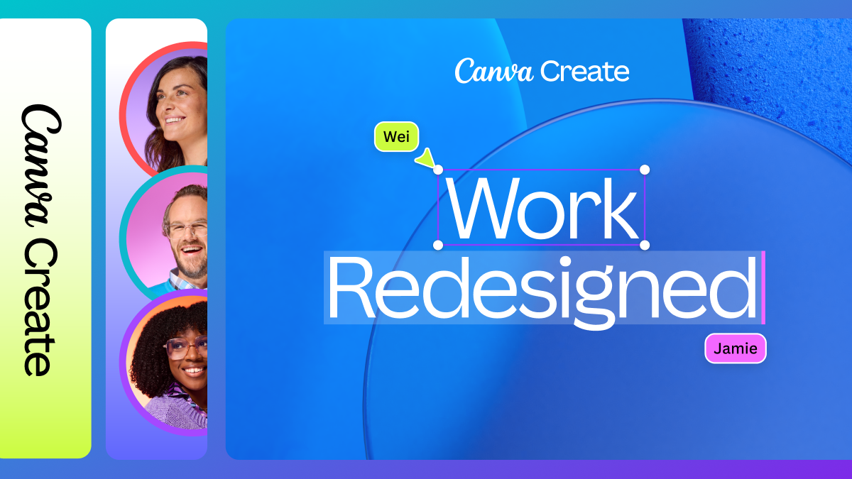 Canva Create event banner with the text "Work Redesigned" and images of smiling people.