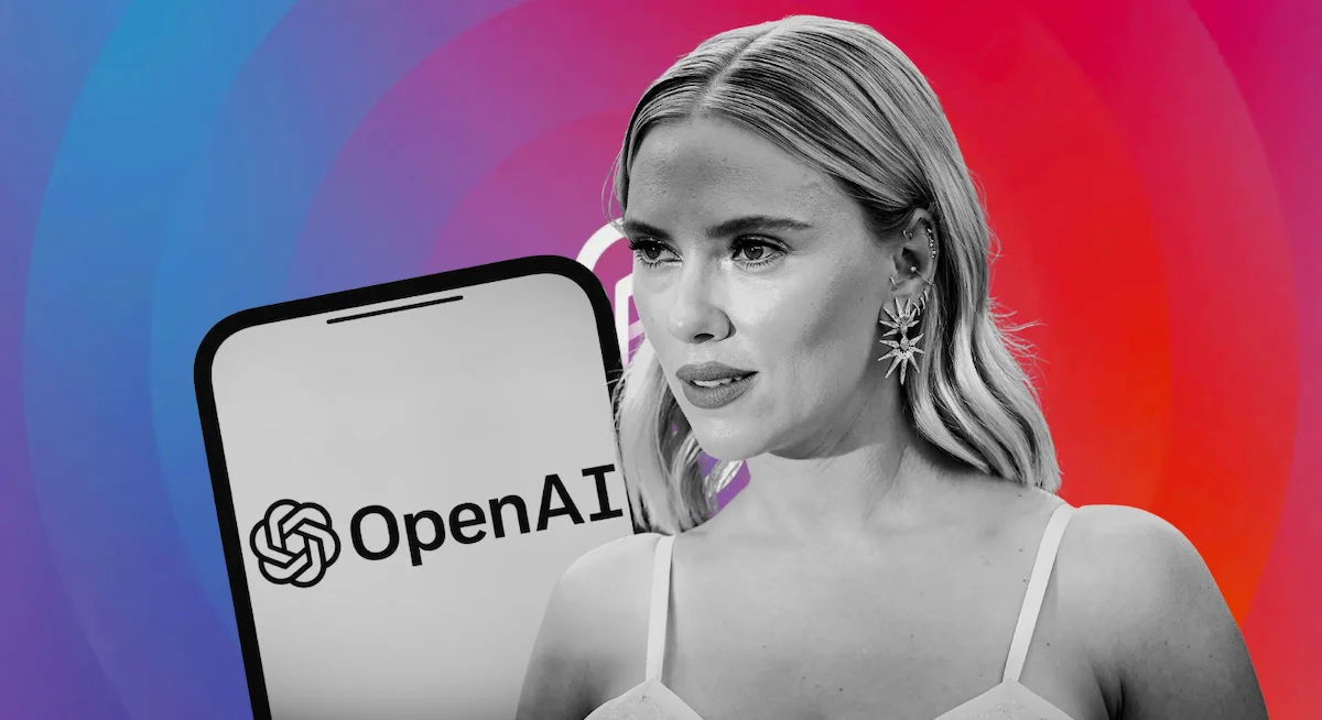 Woman with blonde hair and star-shaped earrings next to a smartphone displaying the OpenAI logo against a colorful gradient background