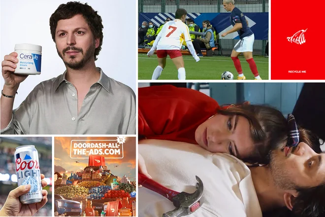 Collage featuring a man holding a CeraVe cream, soccer players in action, a Coca-Cola recycling ad, a Coors Light can, a DoorDash advertisement, and a couple lying down with a wrench.