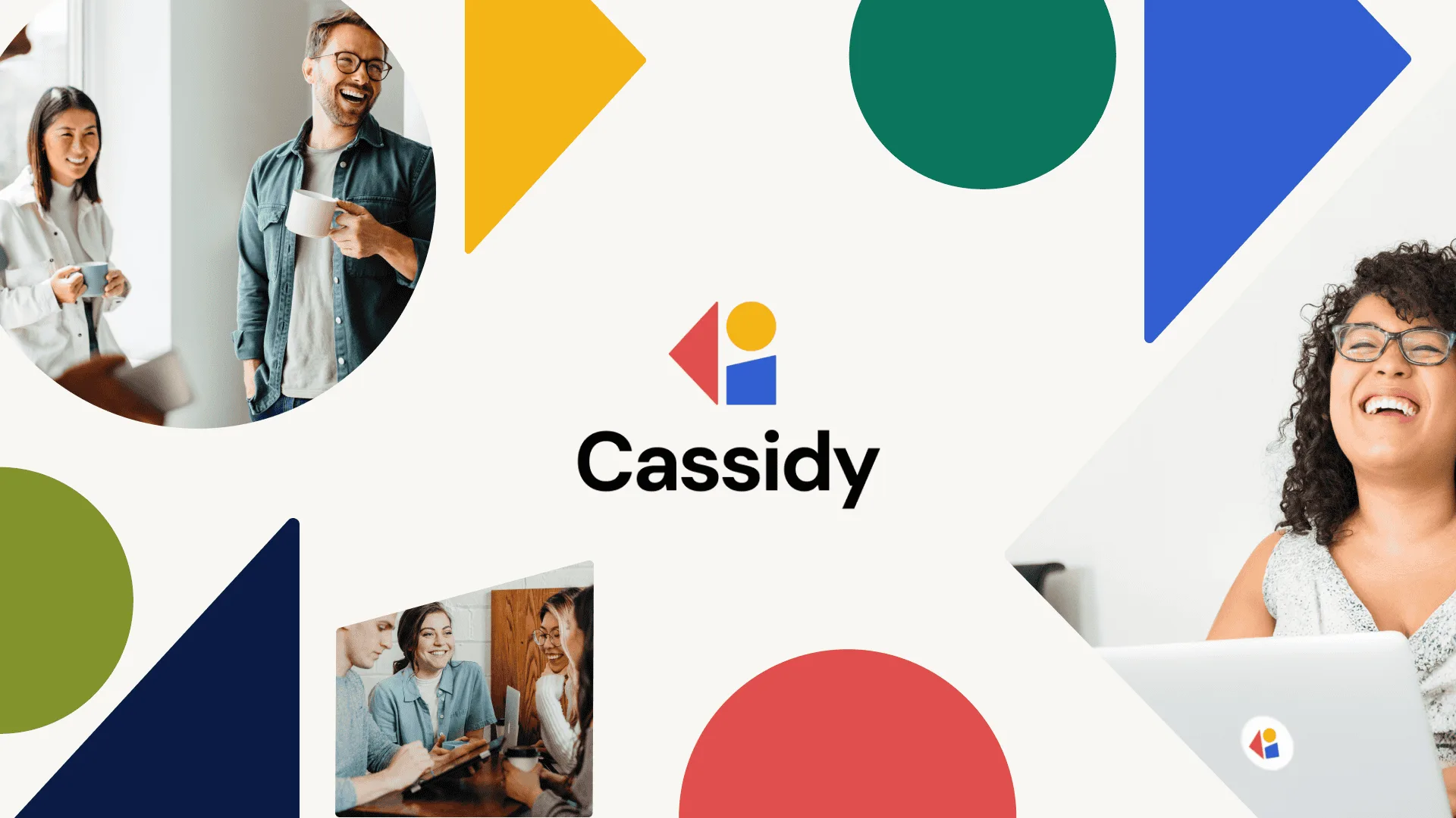 Cassidy.ai. Collage of people smiling and working, with Cassidy logo and colorful geometric shapes.
