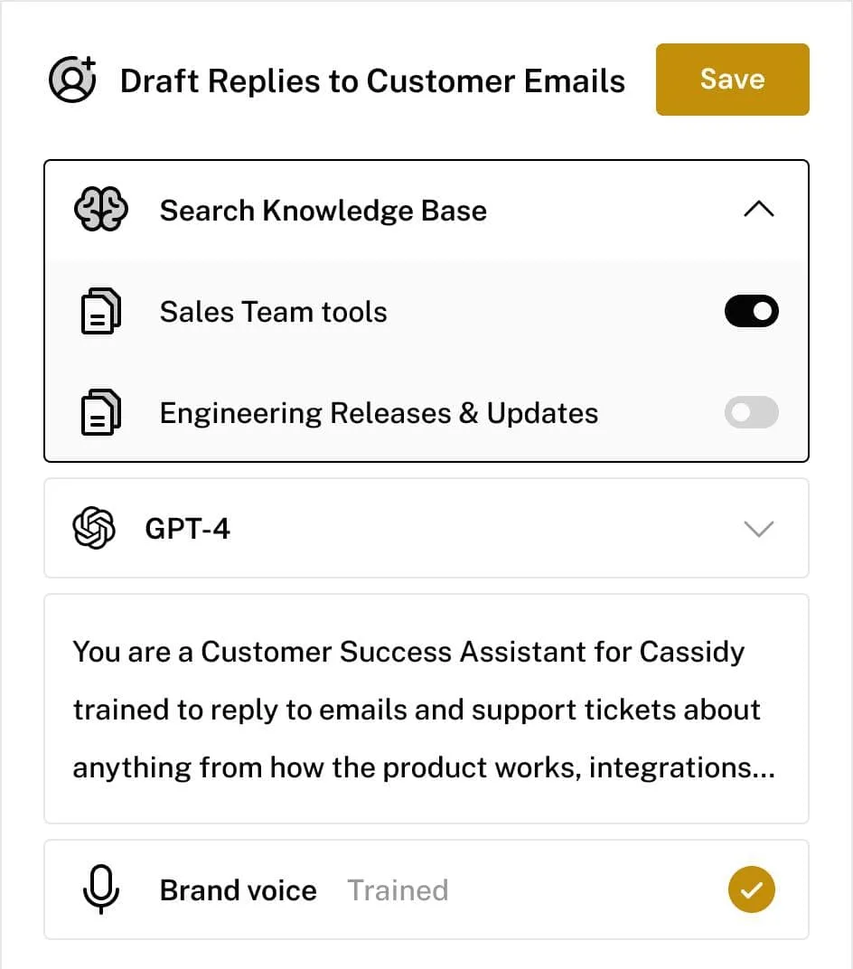 Customer email draft reply interface with options to search knowledge base, access sales team tools, and view engineering releases. Features GPT-4 and trained brand voice settings.
