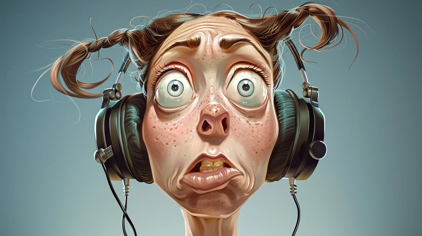 música está ficando cada vez pior. Caricature of a surprised woman wearing headphones with messy hair.
