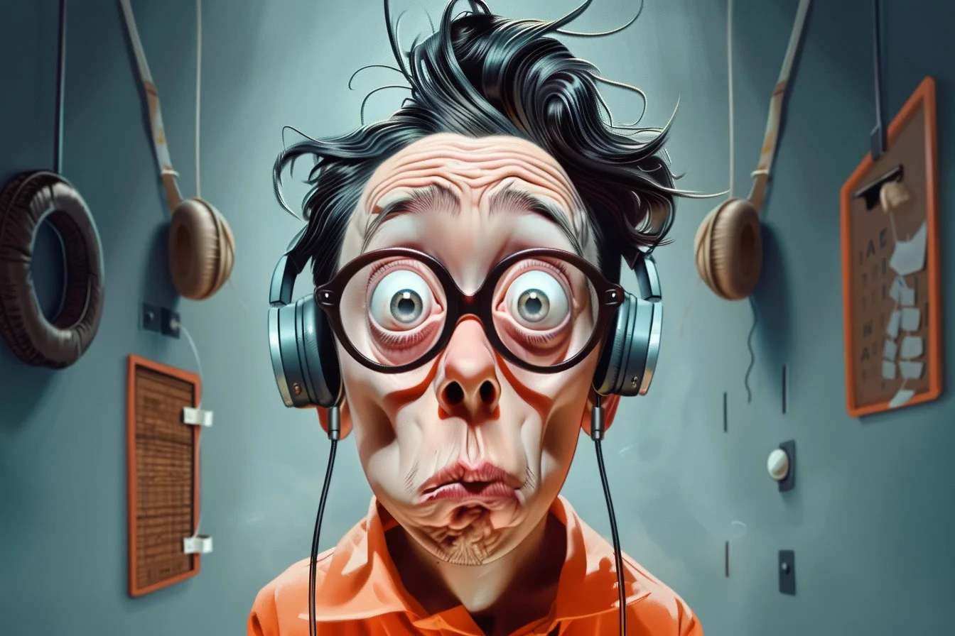 Cartoon character with exaggerated facial expression, wearing glasses and headphones in a studio setting.