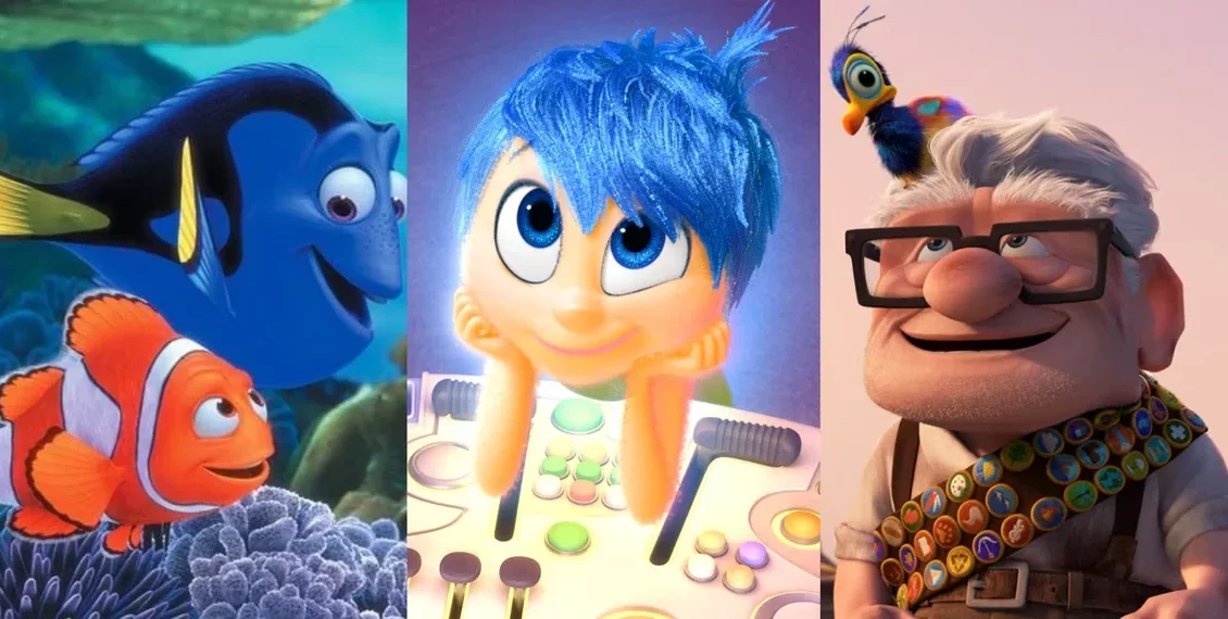 Popular animated characters from Pixar movies including a clownfish and blue tang from Finding Nemo, a blue-haired character from Inside Out, and an elderly man with a bird from Up.