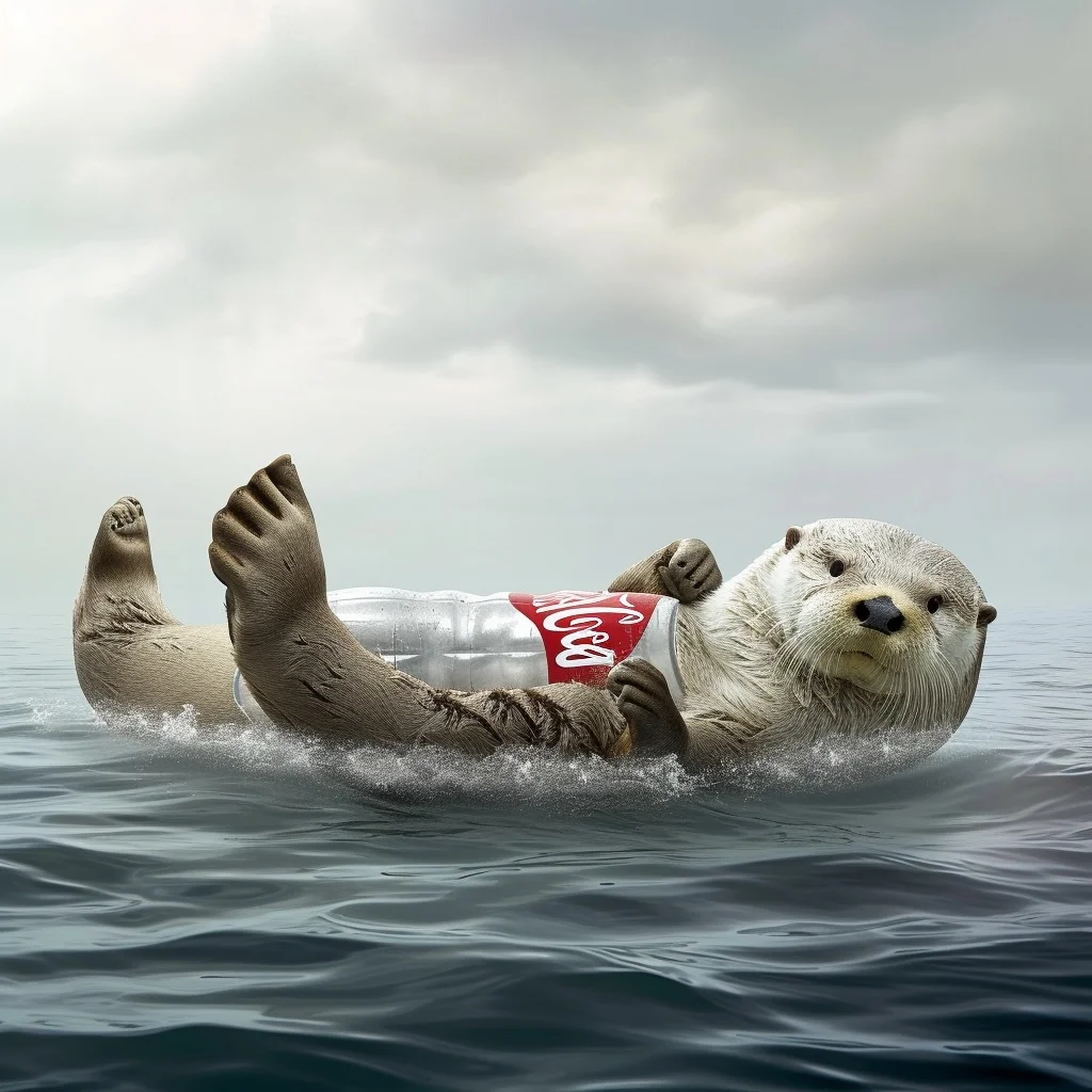 Sea otter floating on water holding a Coca-Cola bottle.