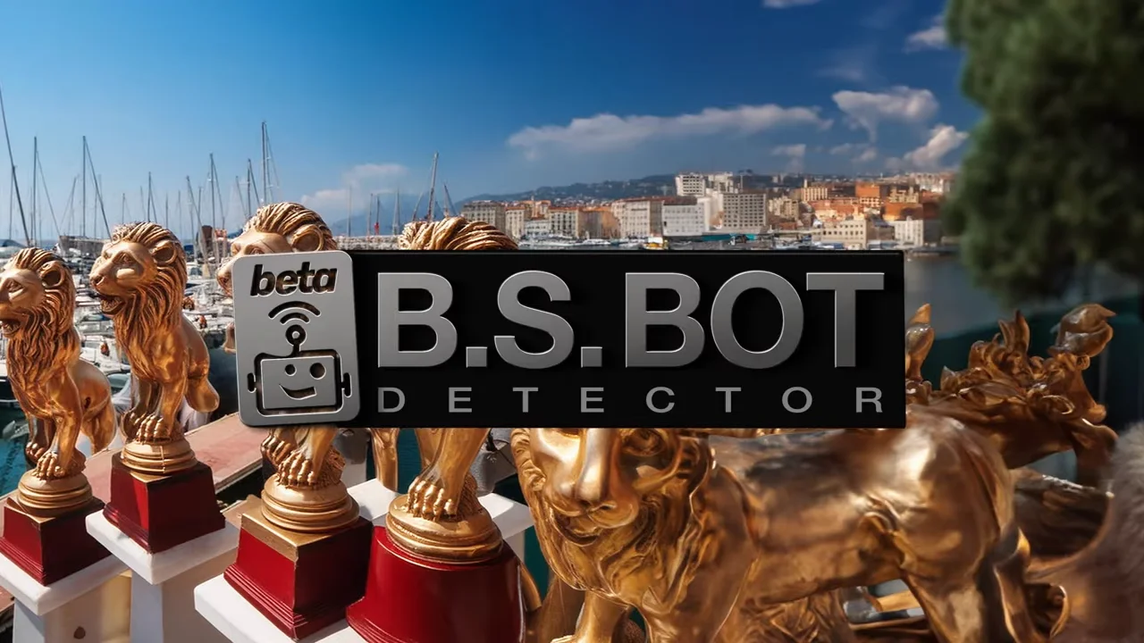 Golden lion statues with marina background and B.S. Bot Detector logo in the foreground.