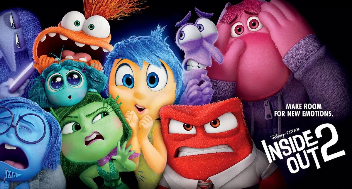Inside Out 2 movie poster featuring animated characters Joy, Sadness, Anger, Fear, Disgust, and others with tagline "Make Room for New Emotions"
