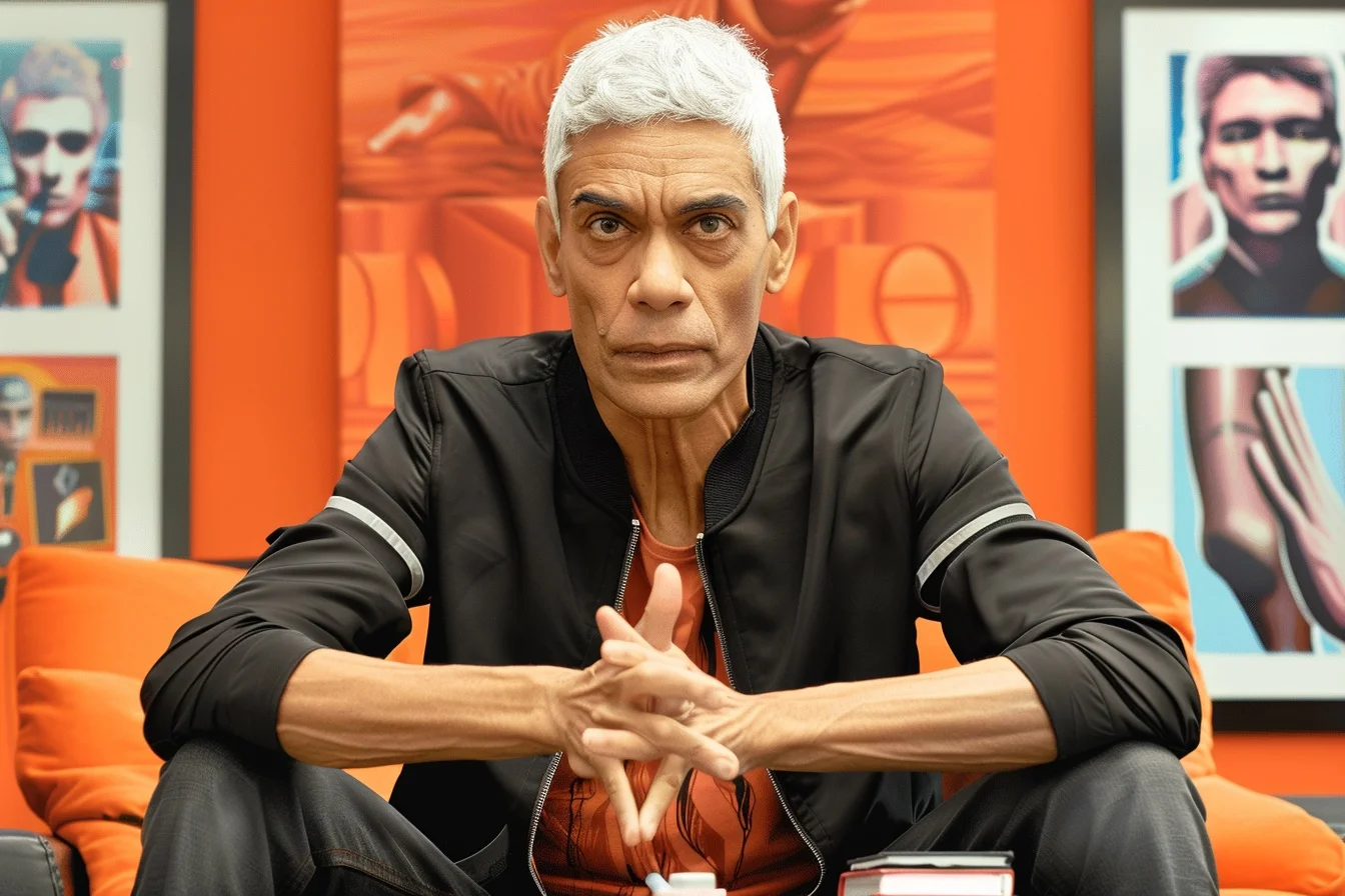 Vinod Khosla. Man with white hair sitting on orange couch in front of vibrant artwork.