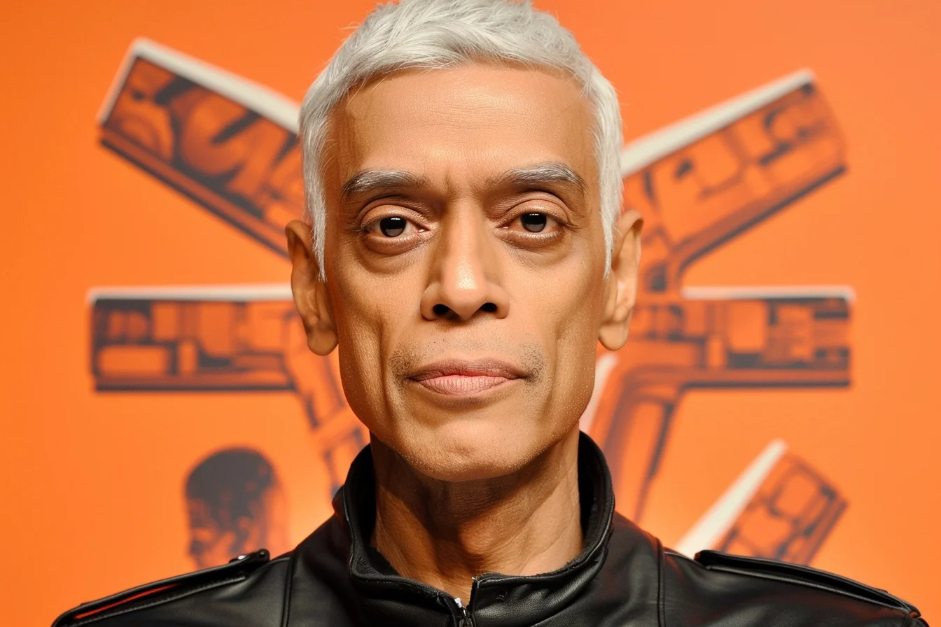 Man with short white hair wearing a black leather jacket against an orange background with abstract design.
